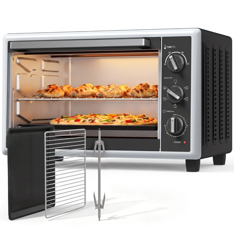 HOMCOM Mini-Four Électrique avec Broche Rotative 32L 1500W, Four à Convection Multifonction, Chaleur Tournante, Minuterie, Noir