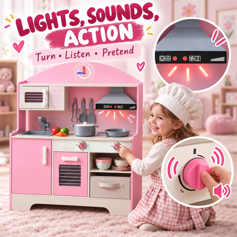 AIYAPLAY Kids Play Kitchen with Lights & Sounds, Pretend Play Toy set with Fabric Drawer, 5-Piece Accessories for 3-6 Years, Pink
