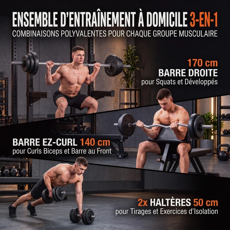 SPORTNOW Kit Haltères Musculation 50 kg 3 en 1, Poids Réglable Revêtement PP, Barre Antidérapante, Verrouillage, Noir