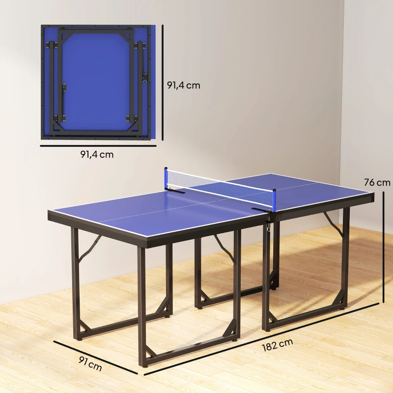 HOMCOM Mesa de Ping-Pong Plegable con Red y Marco de Acero para Interior 182x91x76 cm Azul