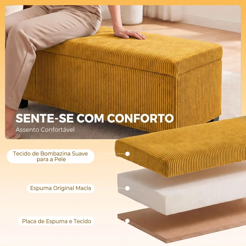 HOMCOM Banco com Arrumação 84 L 112x42x40 cm em Bombazina para Quarto e Sala Amarelo