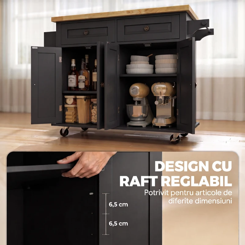 HOMCOM insulă de bucătărie cu roți și sertare, 111 x 44,5 x 82,5 cm, negru