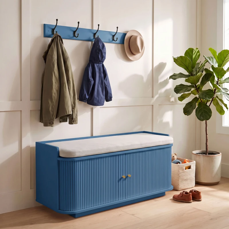HOMCOM Hallway Storage Unit, Hallway Furniture Set with Shoe Storage Cabinet and 5 Hooks Coat Rack, Blue