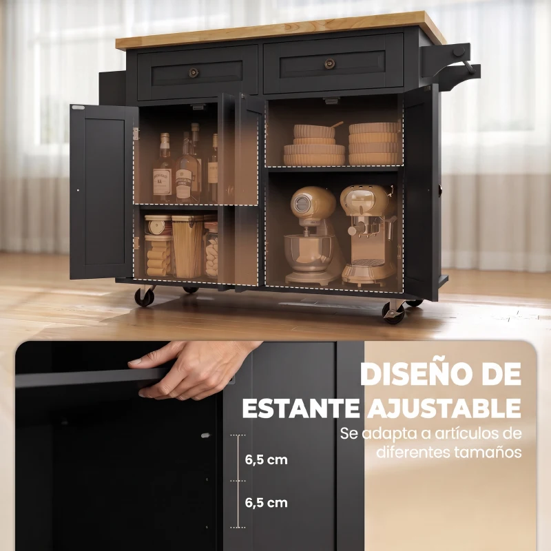 HOMCOM Isla de Cocina con Ruedas Mueble Auxiliar de Cocina con Especiero y Barra Lateral 111x44,5x82,5 cm Negro