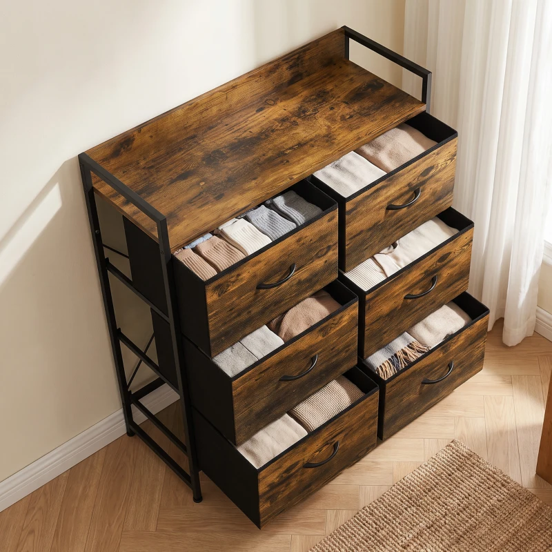 HOMCOM Cómoda de Quarto com 6 Gavetas e Tampo de Madeira / Castanho e Preto