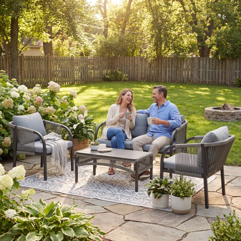 Outsunny 4 Piece Rattan Garden Furniture Set with Loveseat, Armchairs, Table, Steel Frame Wicker Patio Conversation Set, Grey