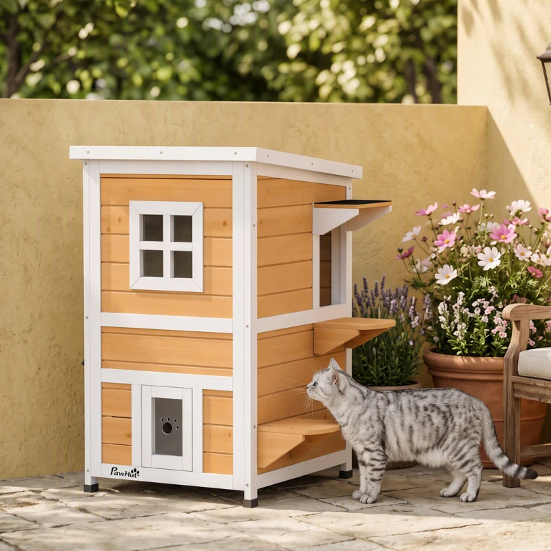 PawHut Caseta para Gatos de Madera Exterior de 2 Niveles con Techo Abatible Panel Central Extraíble 51x51x81,3 cm Natural