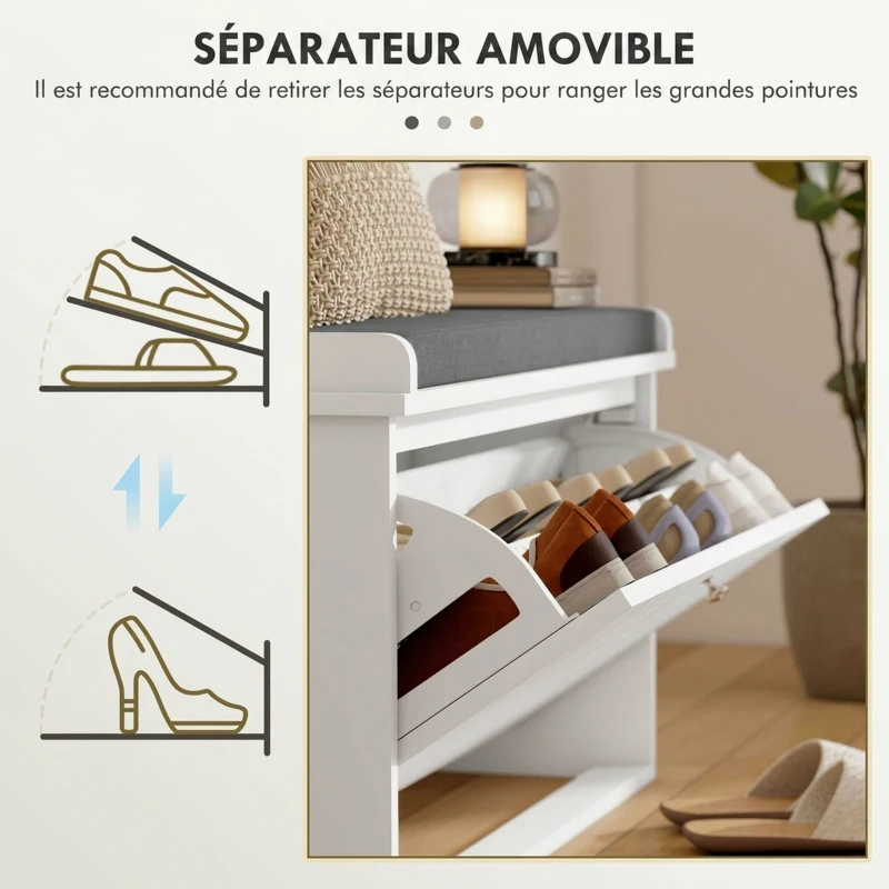 HOMCOM Banc à chaussures avec tiroir rabattable, coussin d'assise et étagère réglable, 80 x 26 x 48 cm, blanc