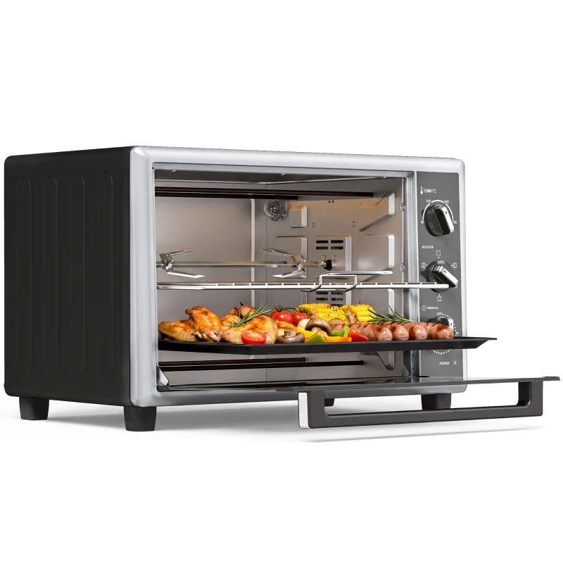 HOMCOM Mini-Four Électrique avec Broche Rotative 32L 1500W, Four à Convection Multifonction, Chaleur Tournante, Minuterie, Noir
