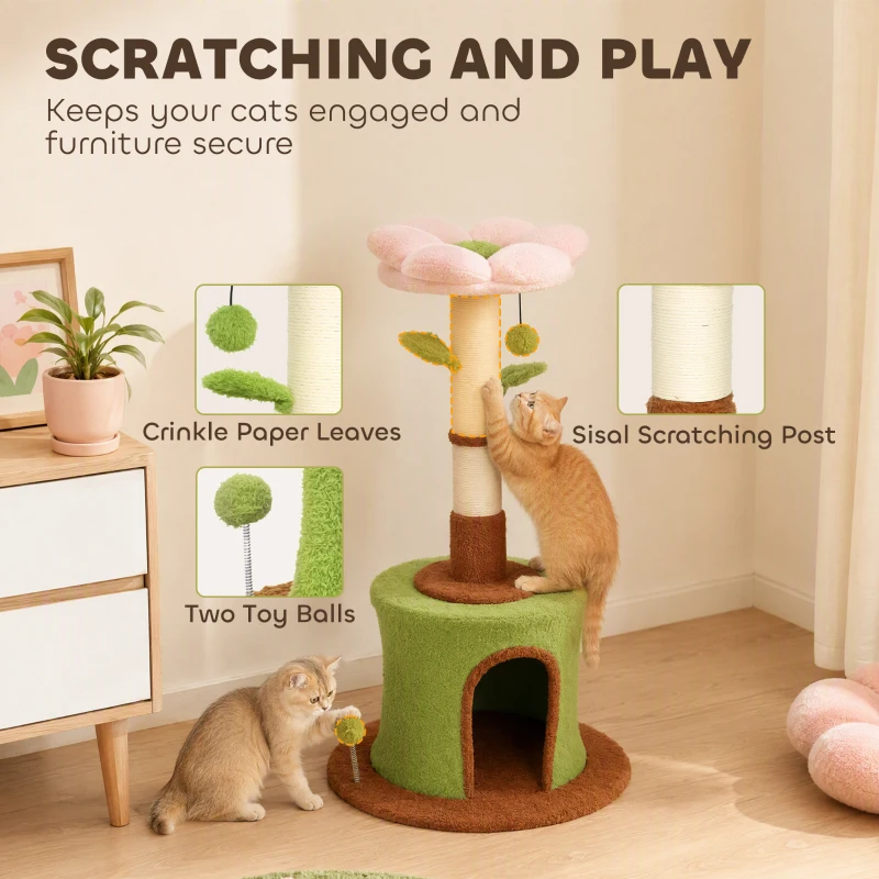 PawHut Cat Tree for Indoor Kittens, 88cm Flower Cat Tower with Condo & Bed, Scratching Post, 2 Toy Balls and 2 Crinkle Leaves