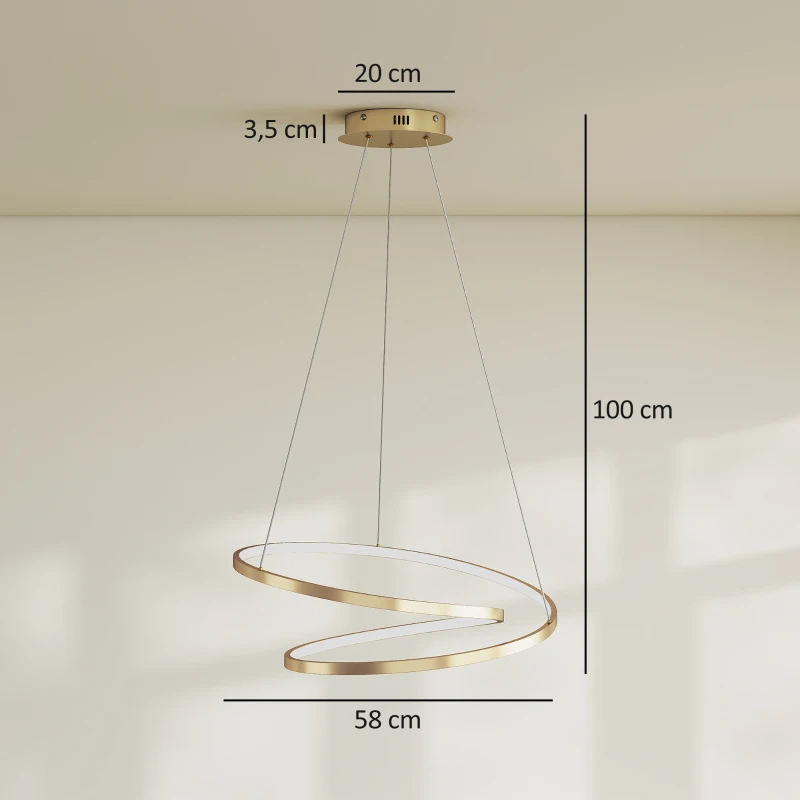 HOMCOM 38W Lâmpada Pendente LED com 2 Anéis e 3 Temperaturas de Cor, 3000-6000K, Altura Ajustável, Ouro