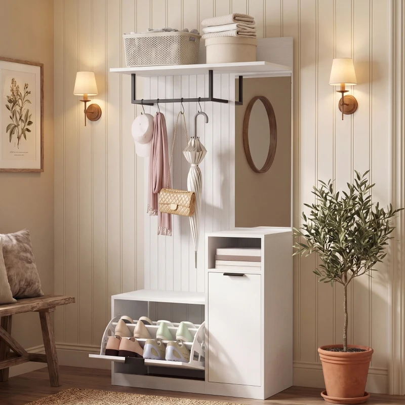 HOMCOM Cuier 6-în-1 Mobilier de intrare cu banc pentru încălțăminte, oglindă, sertar basculant, etajere reglabile, 4 cârlige, alb