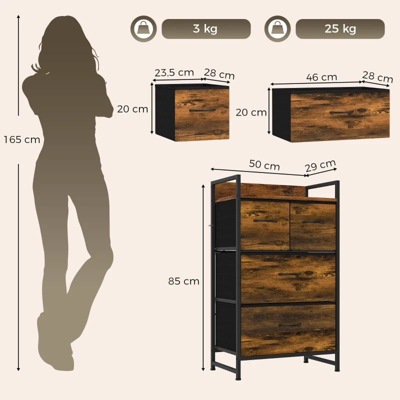 HOMCOM Cómoda com 4 Gavetas em Tecido para Quarto, com Prateleira Superior e Estrutura Metálica, Castanho Rústico
