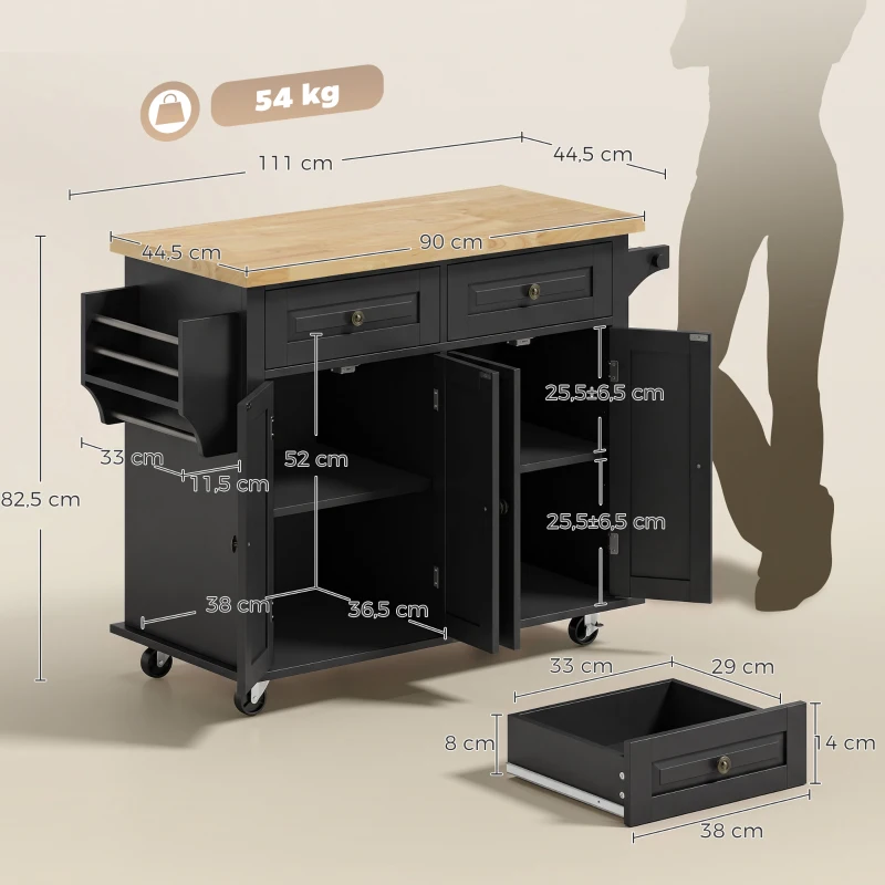HOMCOM Isla de Cocina con Ruedas Mueble Auxiliar de Cocina con Especiero y Barra Lateral 111x44,5x82,5 cm Negro