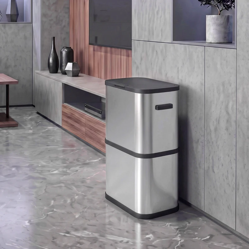 HOMCOM Cubo de Basura de Cocina de 60L de Acero Inoxidable con Sujetabolsas Tapa de Cierre Suave y Apertura Táctil Plata