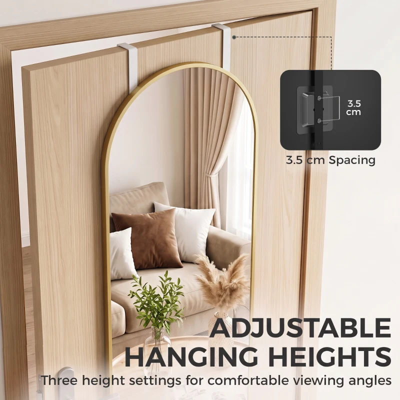 HOMCOM 40 x 110 cm Full Length Hanging Mirror, Arched Mirror with Adjustable Hooks, Over-the-Door or Wall-Mounted, Gold Tone