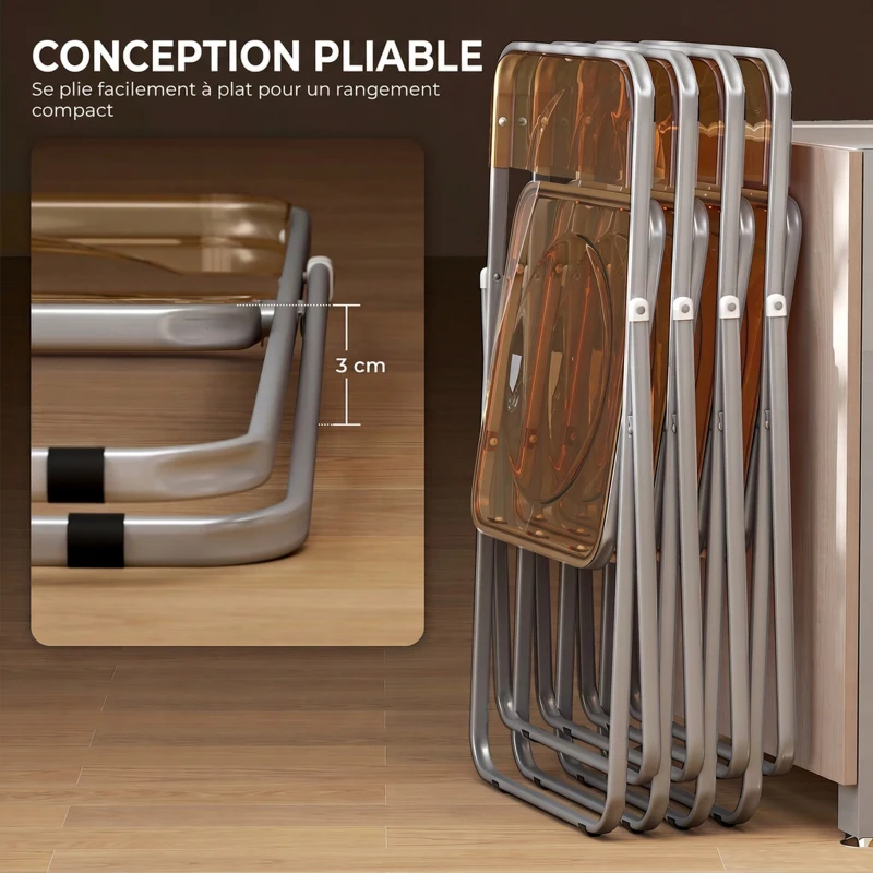 HOMCOM Lot de 4 chaises pliantes en acrylique et acier, chaises pliantes portables pour maison, salle à manger, oranges