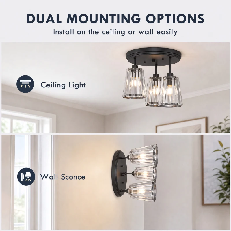 HOMCOM 3-Light Crystal Glass Ceiling Light, Triple Head with Dual Mounting, Modern Ceiling Lamp for Living Room, Black