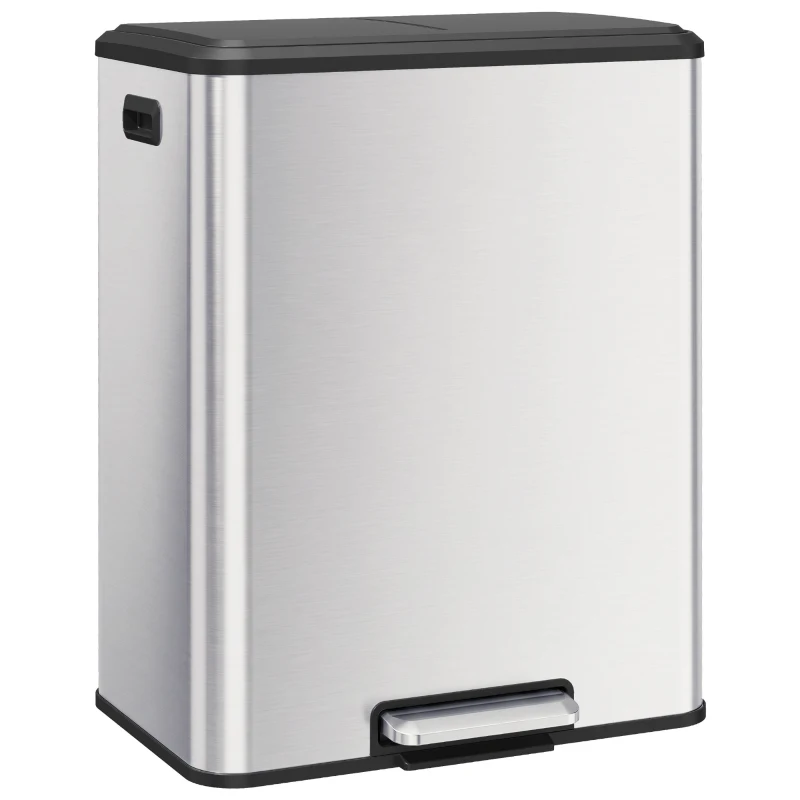 HOMCOM Poubelle à Double Compartiment 2 x 30L, Poubelle de Cuisine en Acier Inoxydable, Couvercle à Fermeture Douce, Argent