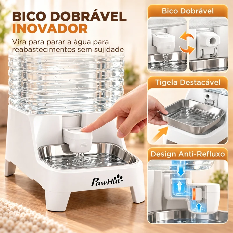 PawHut Dispensador Automático de Água por Gravidade 8 L para Cães e Gatos com Bico Rebatível e Tigela em Aço Inoxidável, Branco