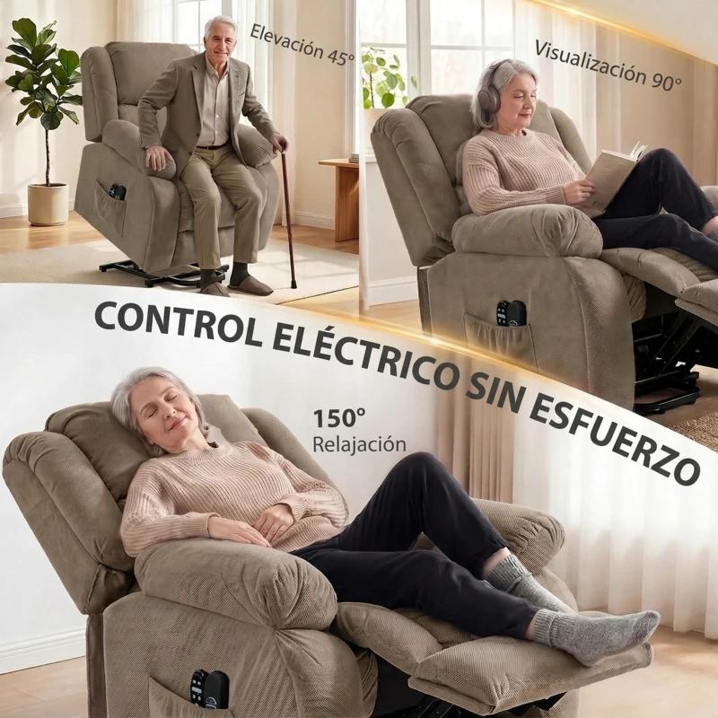 HOMCOM Sillón Relax Reclinable Eléctrico Levanta Personas Masaje Vibratorio y Calor Asiento Ancho Puerto USB Bolsillos Marrón