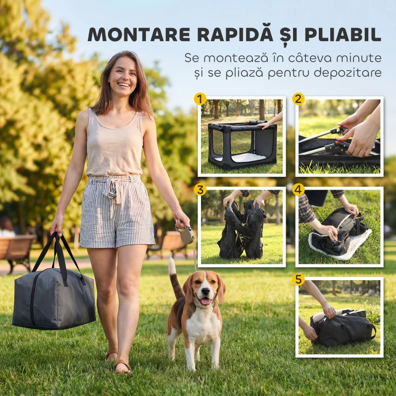 PawHut Cușcă de Transport Pliabilă pentru Câini și Pisici, din Oxford Respirabil 600D, 76x54x54 cm, Galben-Verzui
