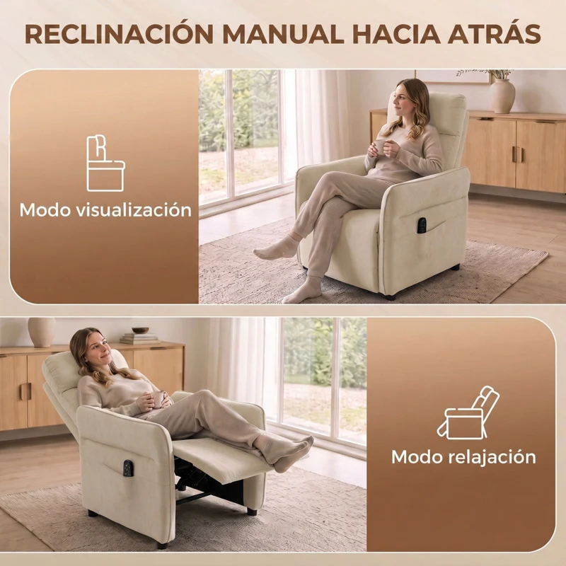 HOMCOM Sillón de Masaje con Calor Reclinación por Empuje 135° Reposapiés Reposabrazos Ajustables y 2 Bolsillos Beige