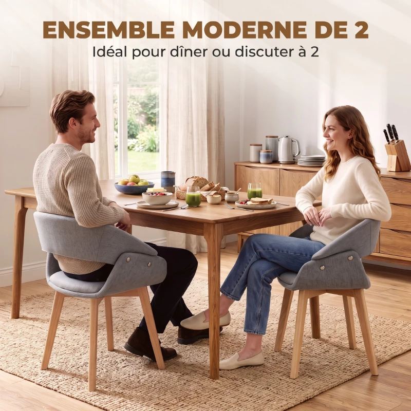 HOMCOM Lot de 2 Chaises Salle à Manger, Chaises de Cuisine en Tissu Effet Lin, Dossier Incurvé, Pieds en Bois de Hêtre, Gris