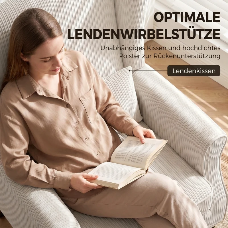 HOMCOM Sessel Ohrensessel mit Armlehnen, Cord-Optik Loungesessel mit Lendenkissen, Hoher Rückenlehne Beige