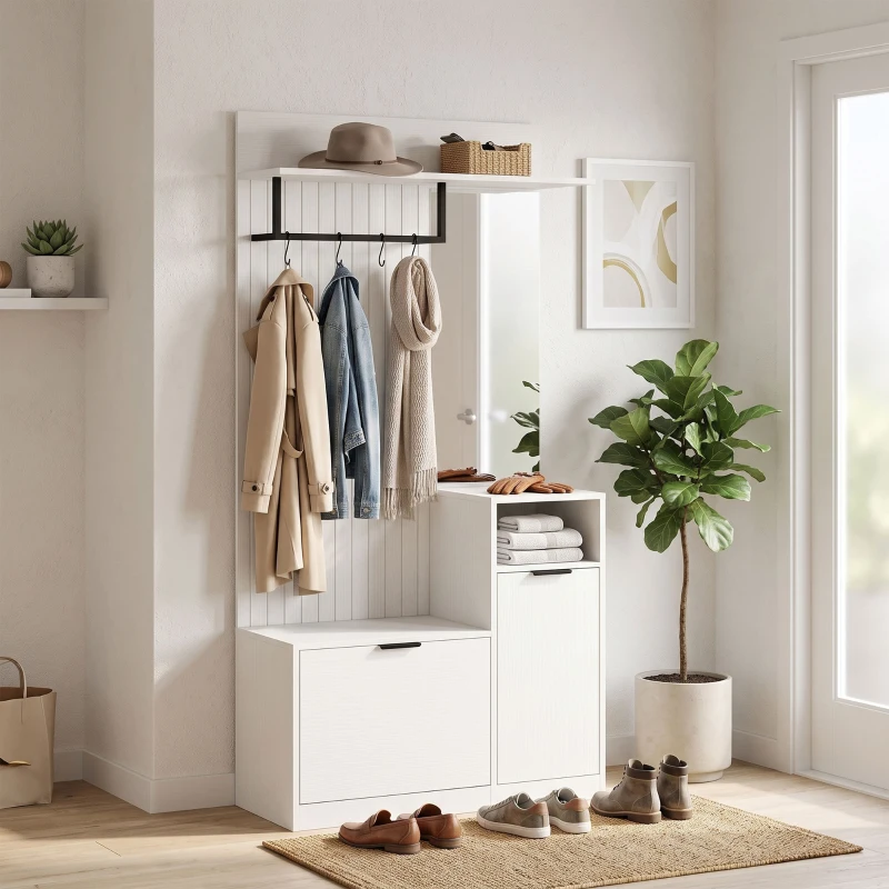 HOMCOM Cuier 6-în-1 Mobilier de intrare cu banc pentru încălțăminte, oglindă, sertar basculant, etajere reglabile, 4 cârlige, alb