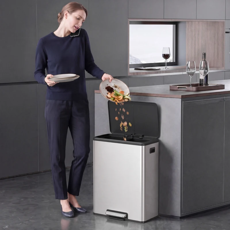 HOMCOM Poubelle à Double Compartiment 2 x 30L, Poubelle de Cuisine en Acier Inoxydable, Couvercle à Fermeture Douce, Argent