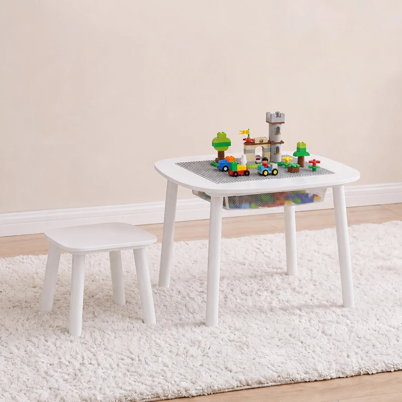 AIYAPLAY Mesa Infantil con Silla con Superficie para Bloques y Bolsa de Malla Bajo Mesa Montessori para Niños de 3-6 Años Blanco