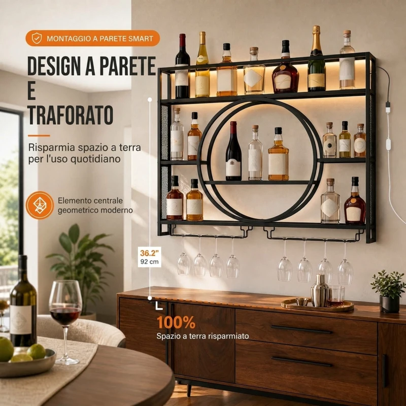 HOMCOM Portabottiglie Da Parete Con Luci LED, Portabicchieri e Ripiani, Nero