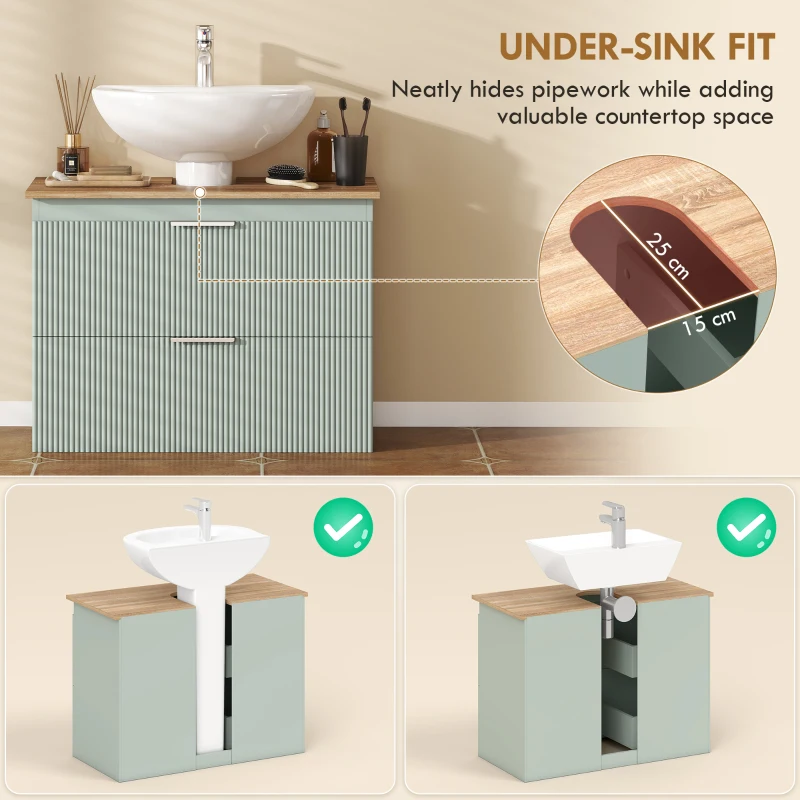 HOMCOM Under Sink Cabinet with 2 Drawers, Under Sink Bathroom Cabinet for Sink with or without Pedestal, Green and Natural Wood