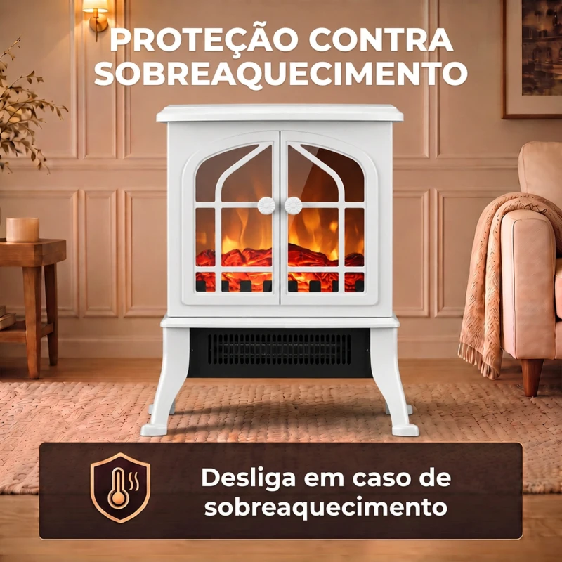 HOMCOM Lareira Elétrica de Pé 900/1800W com Efeito de Chama 3D, Termóstato Regulável, Visível em 3 Lados, para 15-30 m², Branca