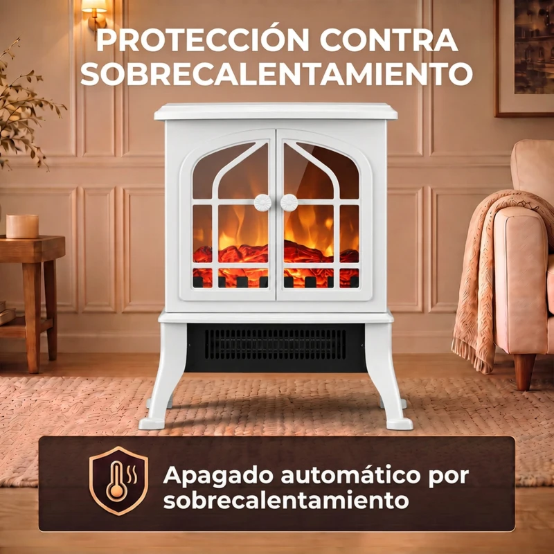 HOMCOM Chimenea Eléctrica de Pie  900/1800W Efecto Llama 3D Termostato Ajustable Ventanas Visibles para 15-30 ㎡ Blanco