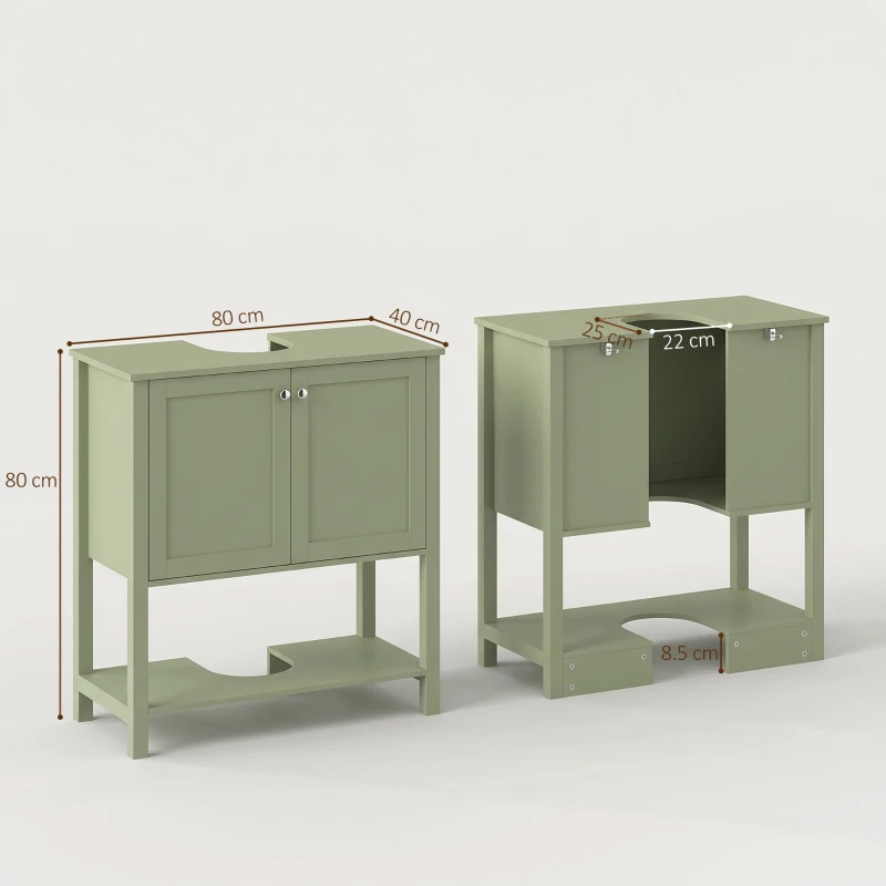 HOMCOM Under Sink Bathroom Cabinet with 2 Doors, Open Shelf and U-Shape Cut-Out for Basin with or without Pedestal, Green