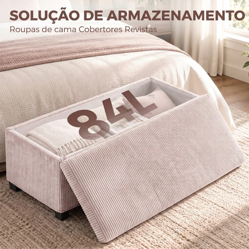 HOMCOM Banco com Arrumação 84 L 112x42x40 cm em Bombazina para Quarto e Sala Rosa