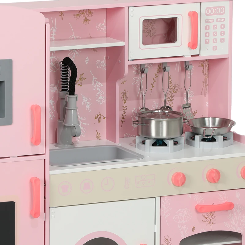 AIYAPLAY Play Kitchen, Kids Kitchen Set with Lights and Sounds, Double Stoves, Ice Maker, Chalkboard for 3+ Years, Pink