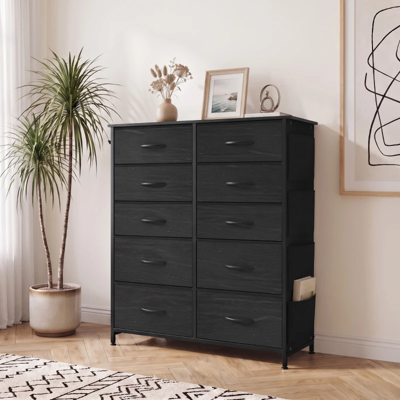 HOMCOM Chest of Drawers, Dresser with 10 Fabric Drawers, Tall Storage Unit with 4 Pockets and 2 Hooks Steel Frame, Black