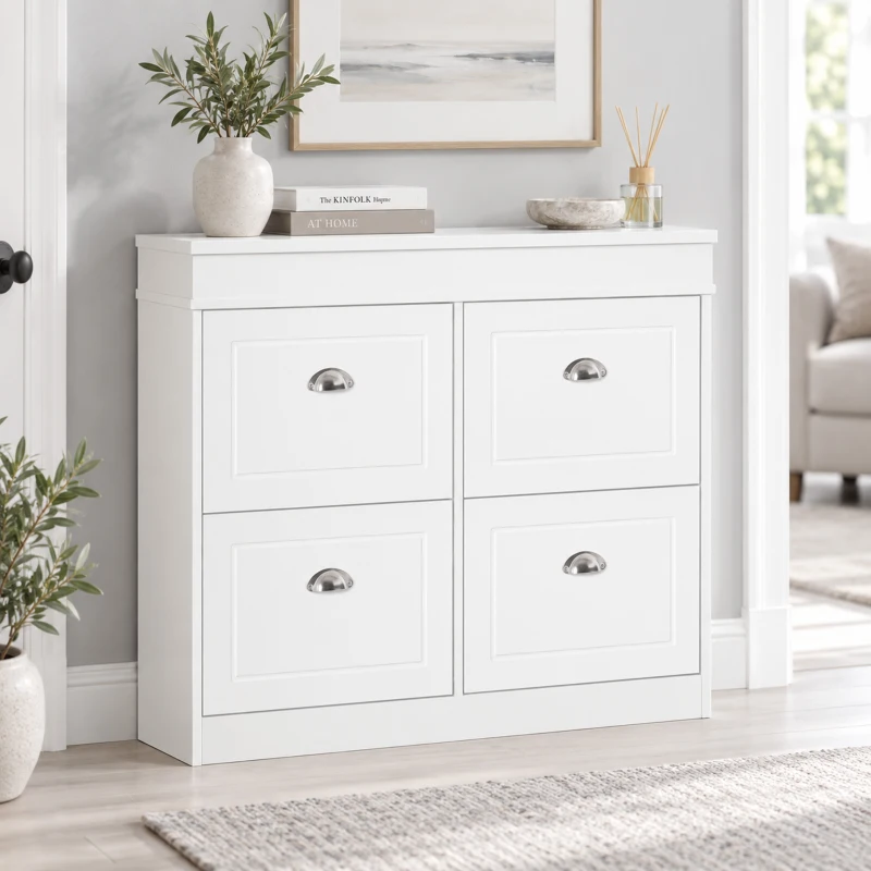 HOMCOM Shoe Cabinet with 4 Flip Drawers Wood Tipping Bucket Narrow Storage Cupboard with Adjustable Shelf Hall Organizer for Entrance Foyer White