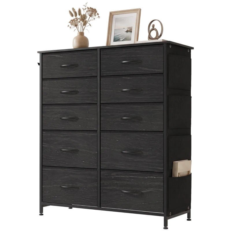 HOMCOM Chest of Drawers, Dresser with 10 Fabric Drawers, Tall Storage Unit with 4 Pockets and 2 Hooks Steel Frame, Black