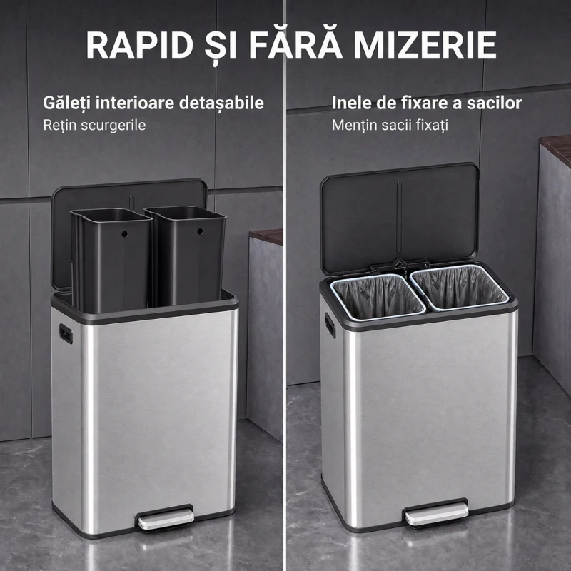 HOMCOM Coș de bucătărie 2 x 30 L, cu pedală, din oțel inoxidabil, găleți detașabile și capac soft-close, argintiu