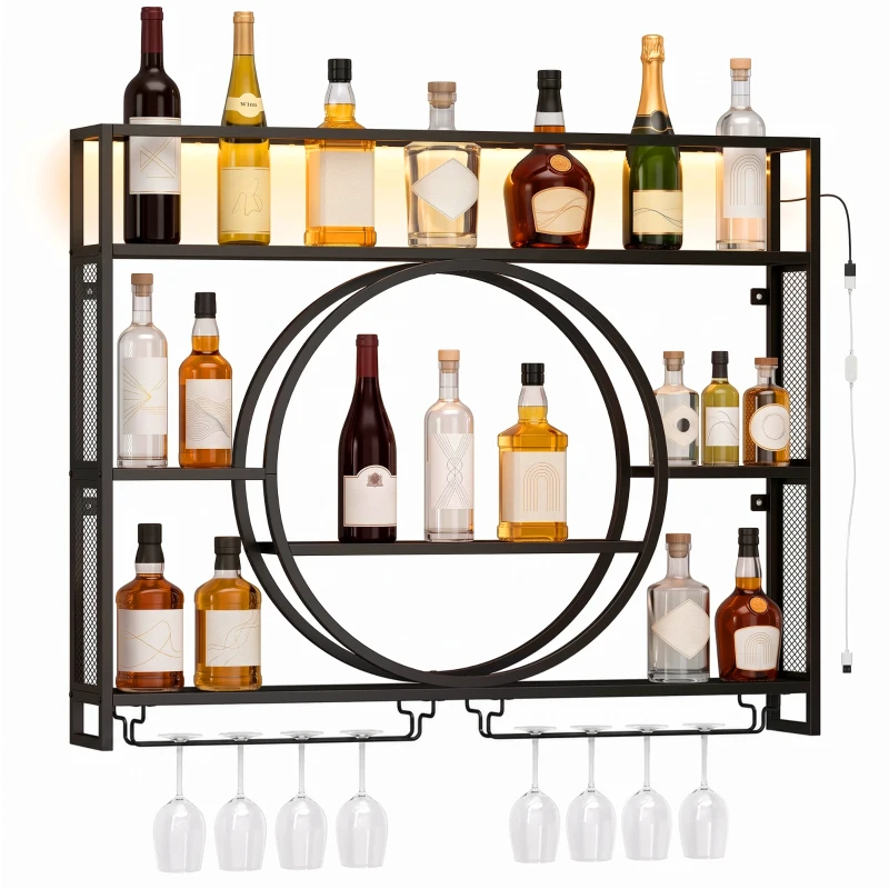 HOMCOM Porte-bouteilles mural avec LED, porte-verres et étagères, noir