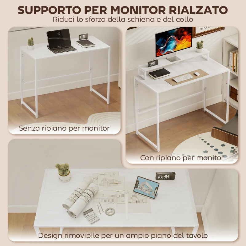 HOMCOM Scrivania Pieghevole Salvaspazio con Stand per Monitor Rimovibile, 100x48x87.5 cm, Bianco