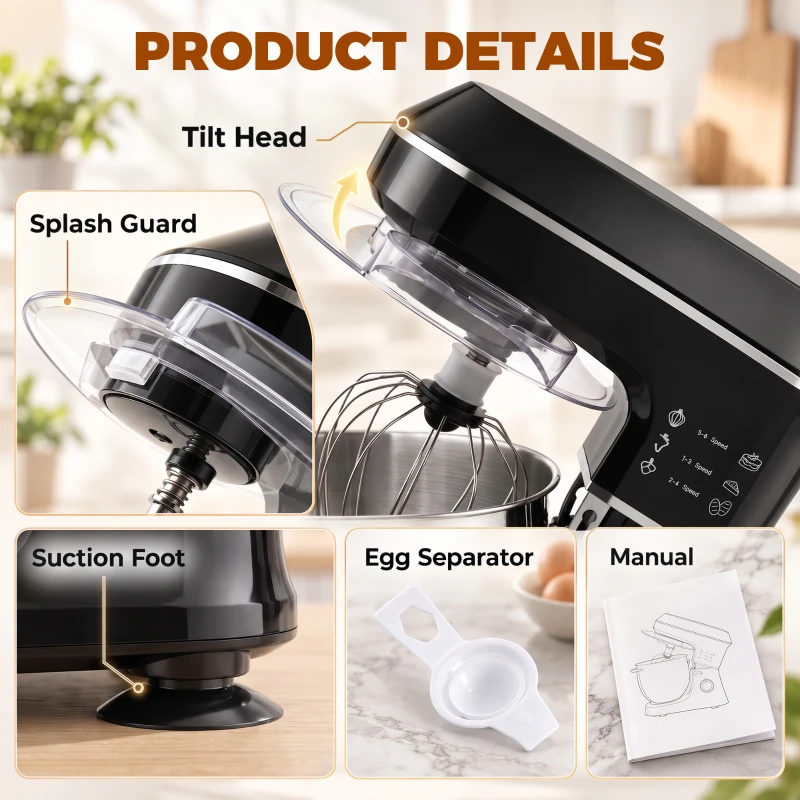 HOMCOM 7 L 1400W 6-Speed Tilt-Head Food Mixer, Stand Mixer with Handle and Dough Hook, Black