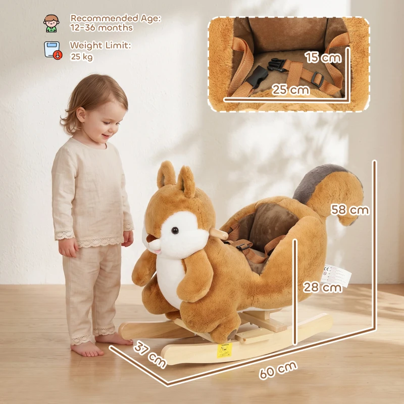 AIYAPLAY Rocking Horse, Stable Plush Ride on Horse Squirrel Design with Animal Sounds, Security Belt for Toddlers 1-3 Y, Brown