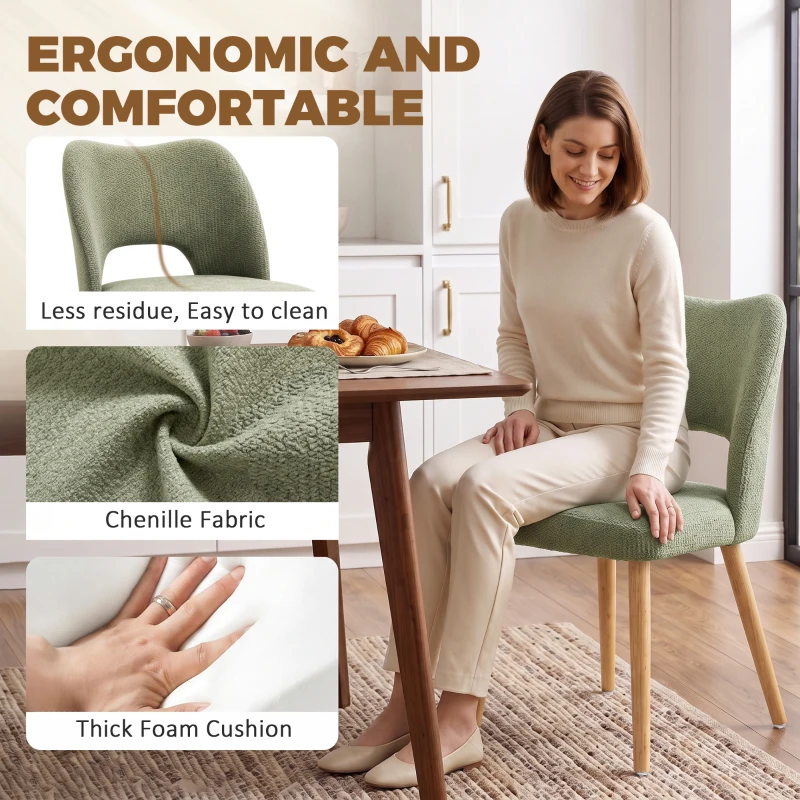 HOMCOM Dining Chairs Set Upholstered Kitchen Chenille Tool Free Assembly Rubberwood Legs, Green