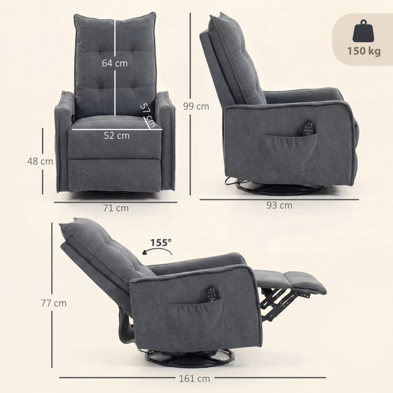 HOMCOM Recliner Armchair, Chenille Recliner Chair with Massage and Heat, 360° Swivel Rocking Manual Recliner, Dark Grey