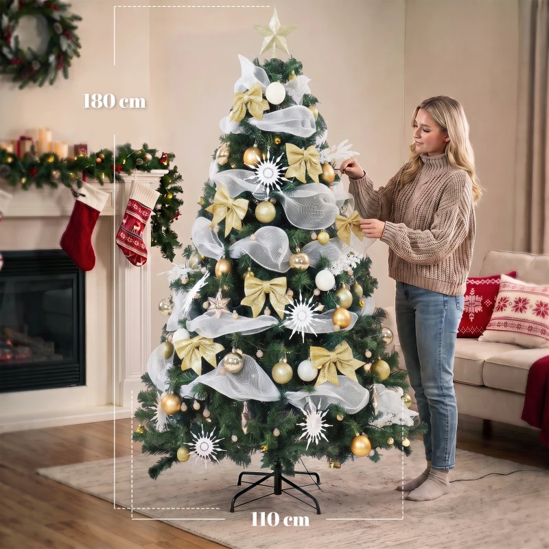 HOMCOM Árvore de Natal 180 cm com 200 Luzes LED 8 Modos 800 Ramos e Comando Verde